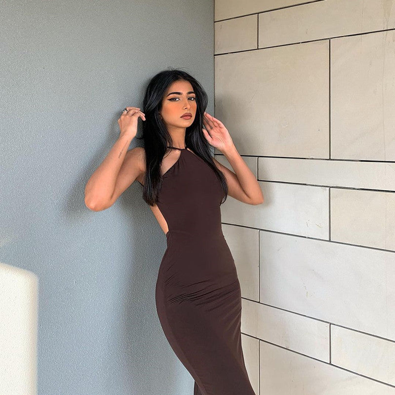 Solid Color Sleeveless Halter neck Long Dress