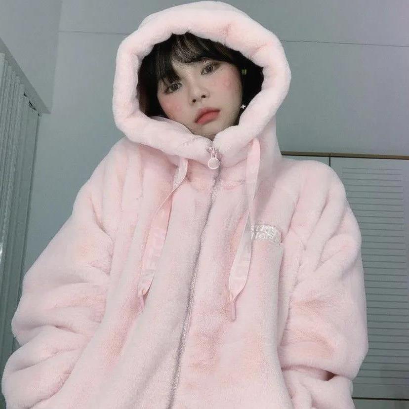 Warm Plush Hooded Sweater Coat Woman