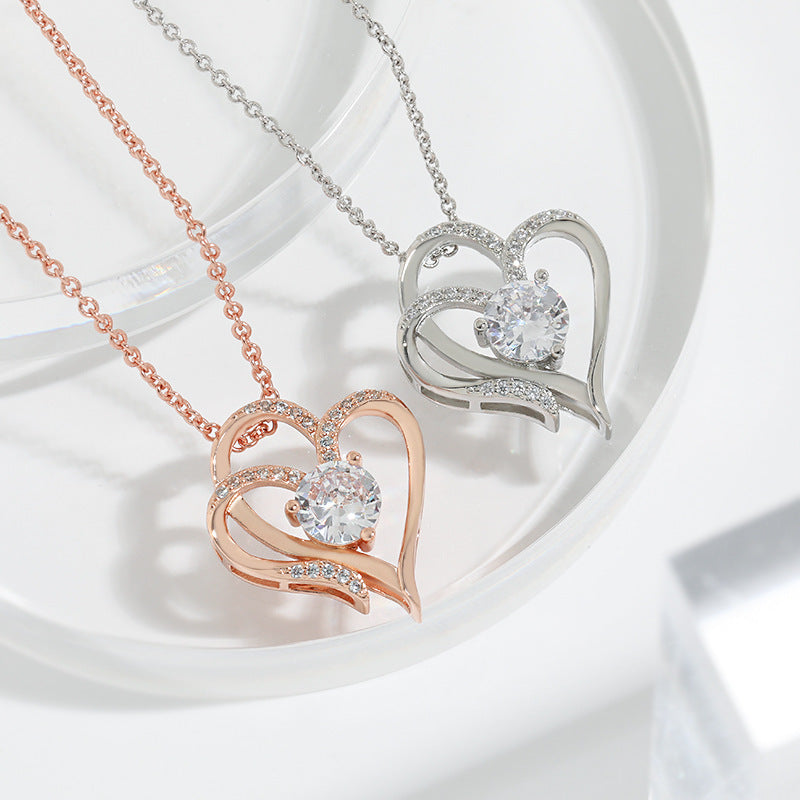 heart shaped Zircon Double Love Necklace With Rhinestones