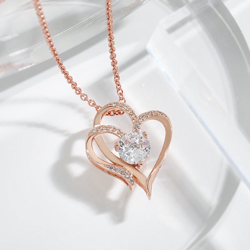 heart shaped Zircon Double Love Necklace With Rhinestones