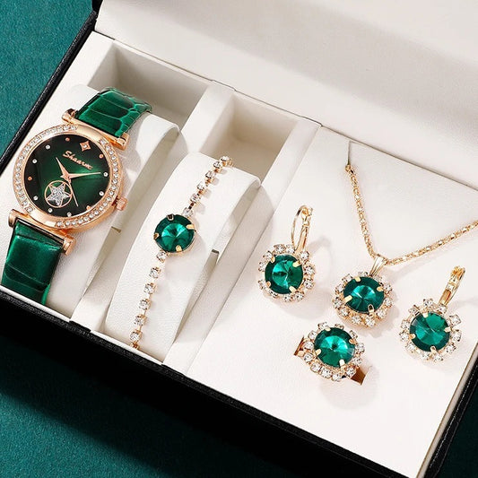 Green Belt Ear Stud Necklace watch Bracelet Ring Set