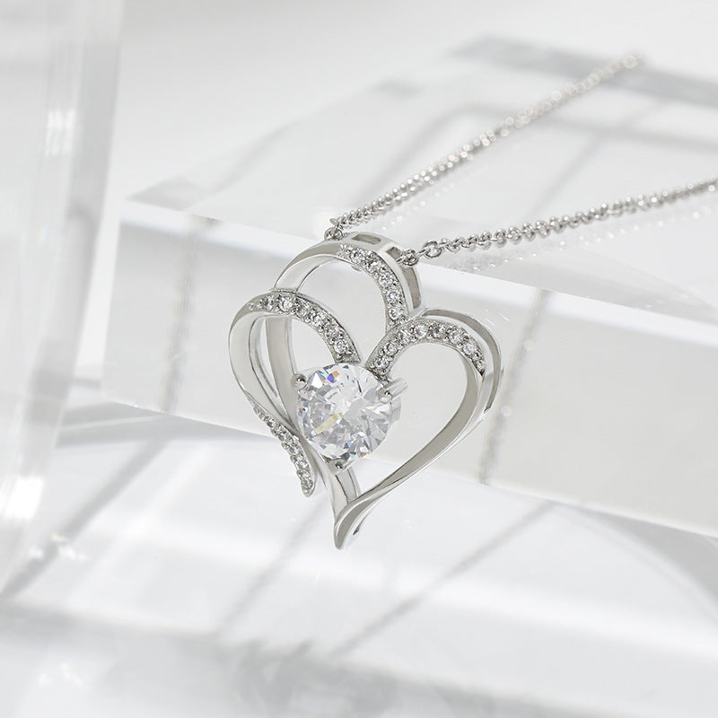 heart shaped Zircon Double Love Necklace With Rhinestones