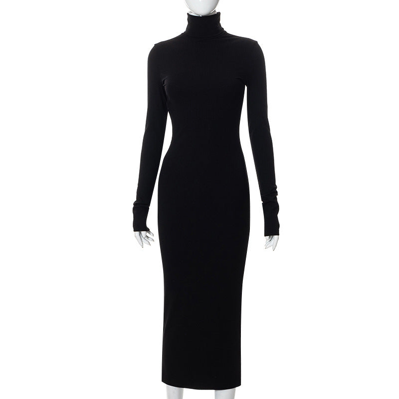 Neck Long-sleeved Slim Thread Long Dresses