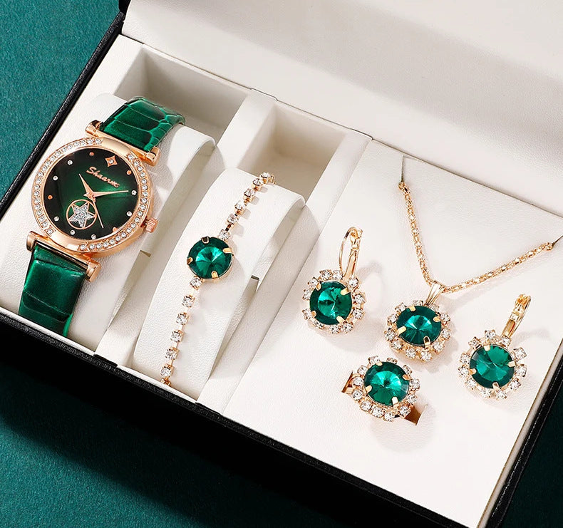 Green Belt Ear Stud Necklace watch Bracelet Ring Set